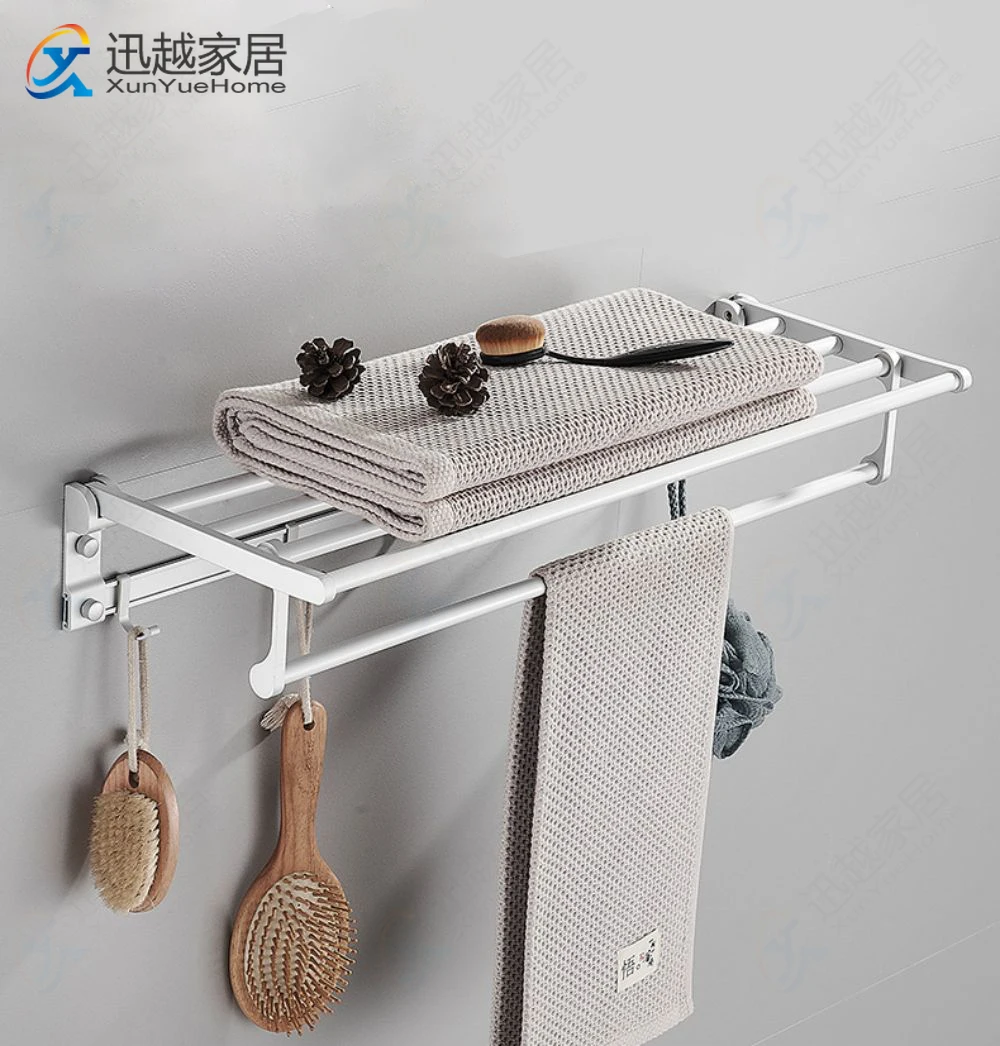 Towel Holder Shower Rack Bathroom Accessories Fold Wall Organizer Hook Hanger Matte Silver Aluminum Storage Shelf