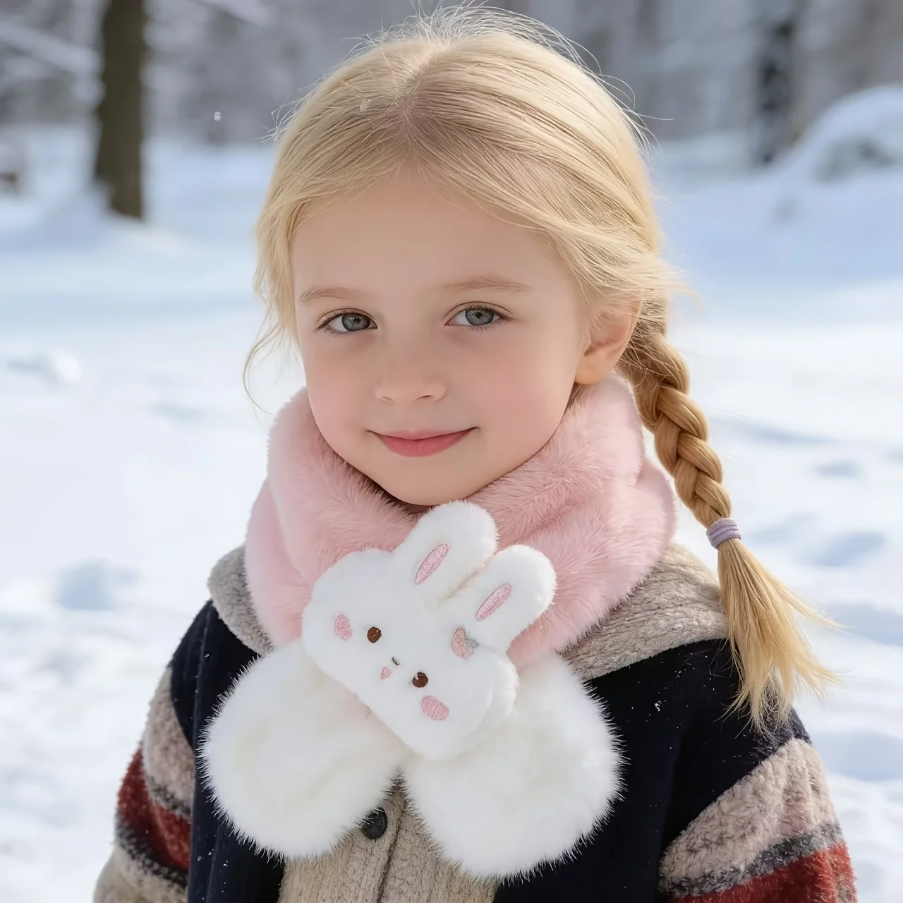 1 Piece of Winter Thickened Faux Rabbit Fur Children's Cross Scarf, Cute Cartoon Plush Neck Warmer, Windproof and Warm Baby Neck Scarf, for Children's Outdoor Use