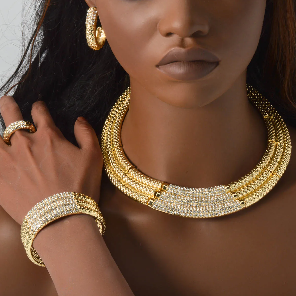 Luxury 18k Gold-plated Wedding Jewelry Set Round Necklace Bracelet Earrings Ring 4 Pcs Set Women Bridal Elegant Classic  Jewelry