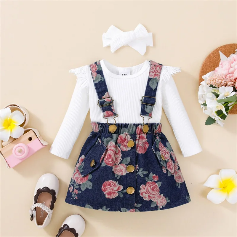 0-24 Months 3Piece Baby Girls Set Ribbed Long Sleeve Ruffled Romper Floral Denim Overalls Skirt Headband Adorable Outfits