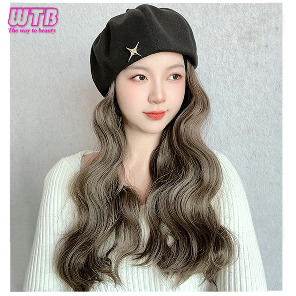 WTB Women\'s Beret Wig Synthetic Long Wave Curly Winter Hat Wig Hat One-piece Wig Keeps Warm and Fashionable Heat Resistant Wire