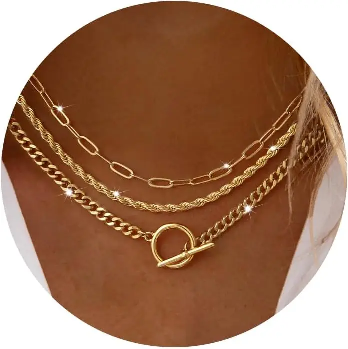 

Dainty Layered 14K Gold Plated Stack Paperclip Rope Cuban Toggle Link Chain Choker Necklace Set Chunky Trendy Jewelry Gift