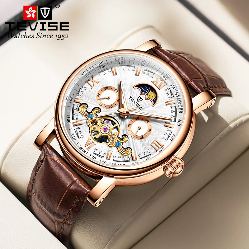 Classic Mens Retro Rose Gold Watches Automatic Mechanical Watch Tourbillon Clock Genuine Leather Waterproof Military Wristwatch