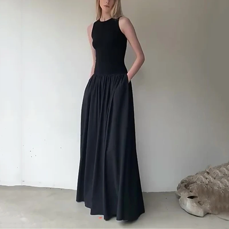 أنيق أبيض أسود فستان طويل المرأة الصيف بلا أكمام تي شيرت فستان أنيق فستان فيستدوس