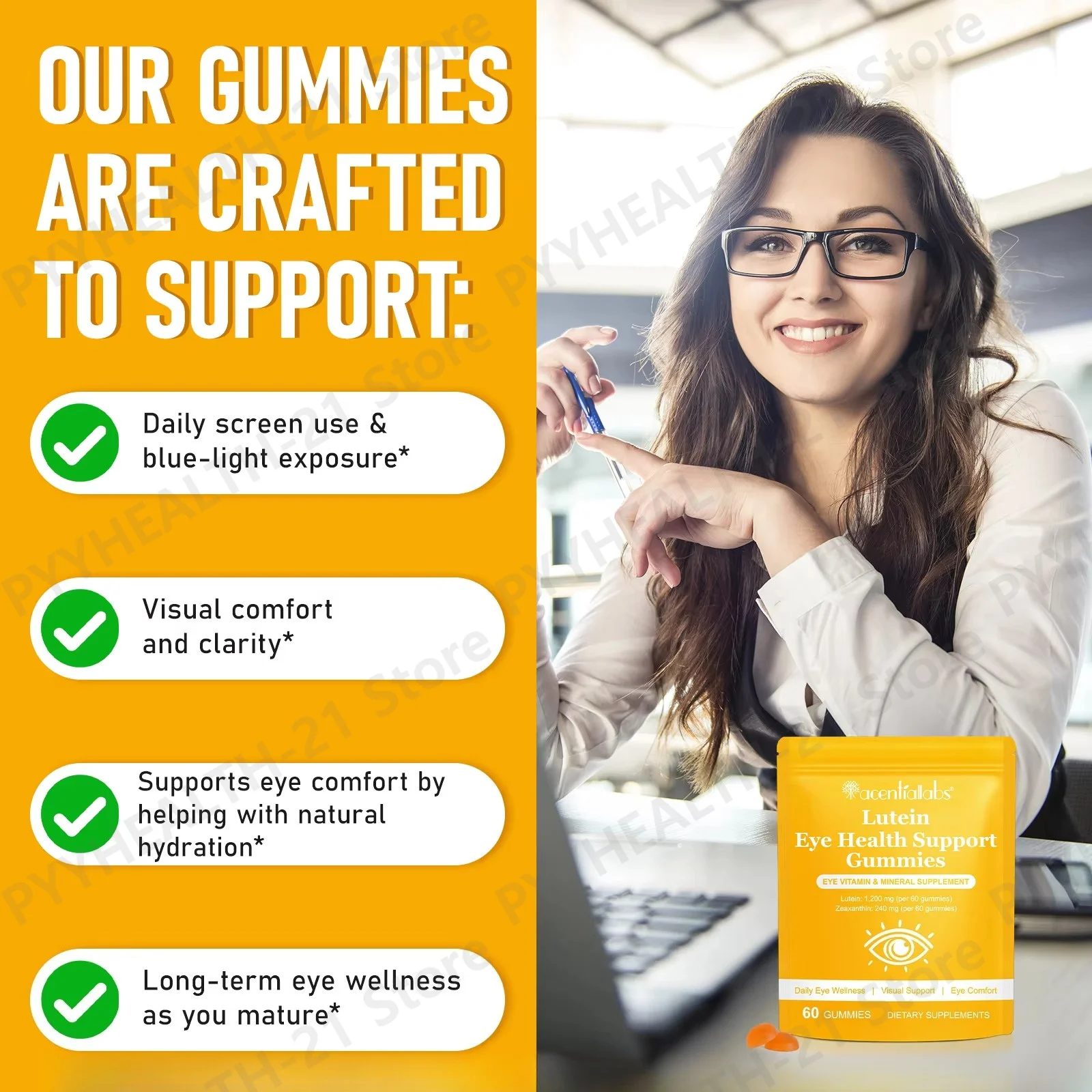 Lutein Eye Health Support Gummies Promote Visual Clarity&Blue Light Defense & Macular Health Zeaxanthin 60pcs for Screen Fatigue