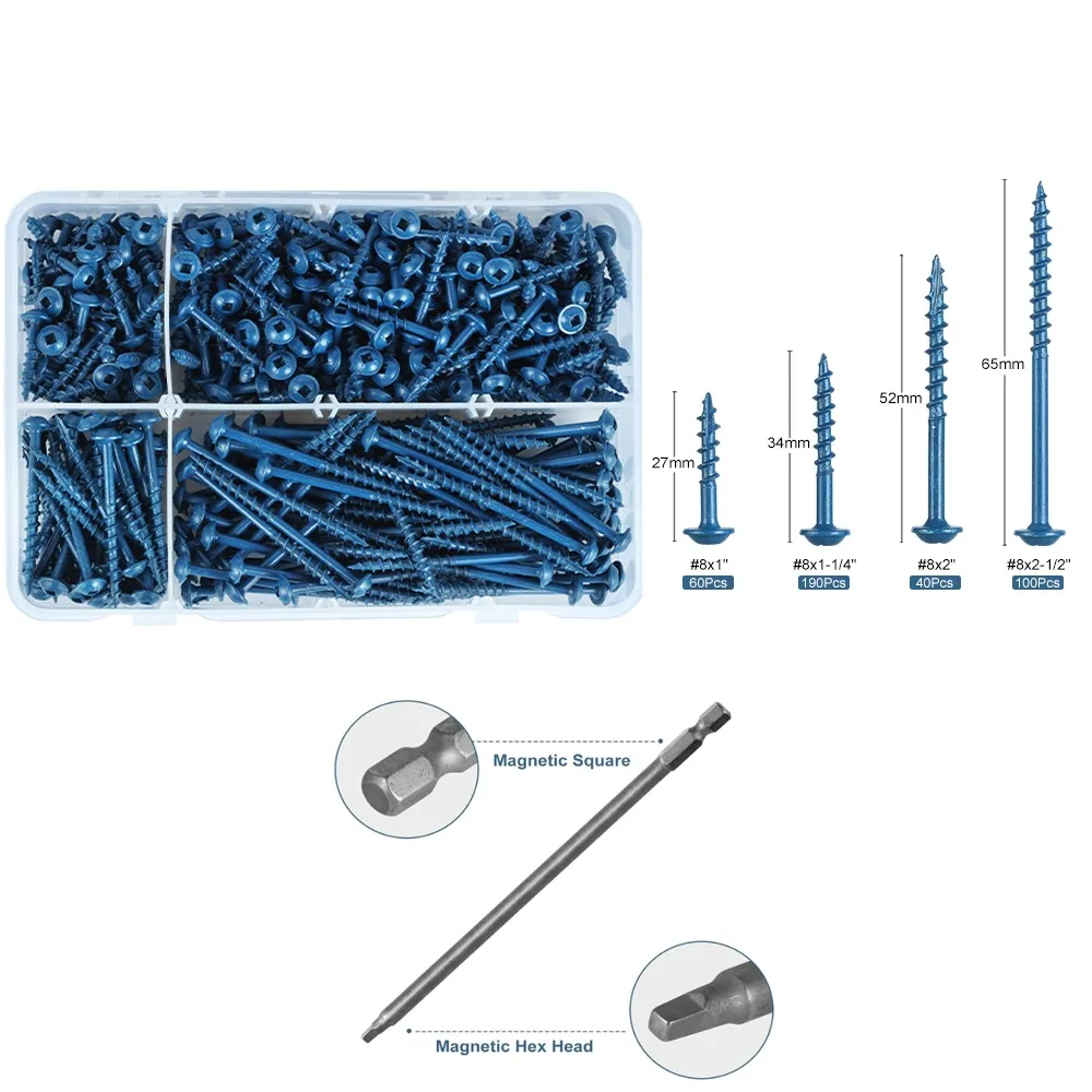 

390Pcs Coarse Thread Wood Screws with Square Drive Self Tapping Screws with Drive Bit #8 x 1 1-1/4", 2" 2-1/2" Blue Coated Screw