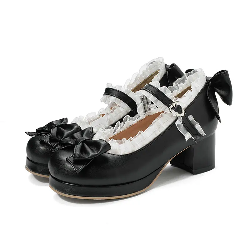 Dziewczęce buty słodkie Lolita Ruffles Bowknot koronkowe buty ślubne damskie szpilki graniczy księżniczka sukienka Party buty Size30-43