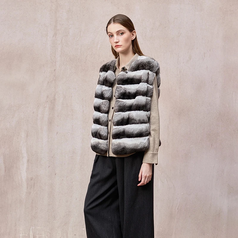 เสื้อกั๊กขนชินชิลล่าสีฟ้าเขียว นำเข้าจากต่างประเทศ สำหรับฤดูหนาว คอทรงโอ แขนกุด สำหรับผู้หญิง คุณภาพสูง สีธรรมชาติ