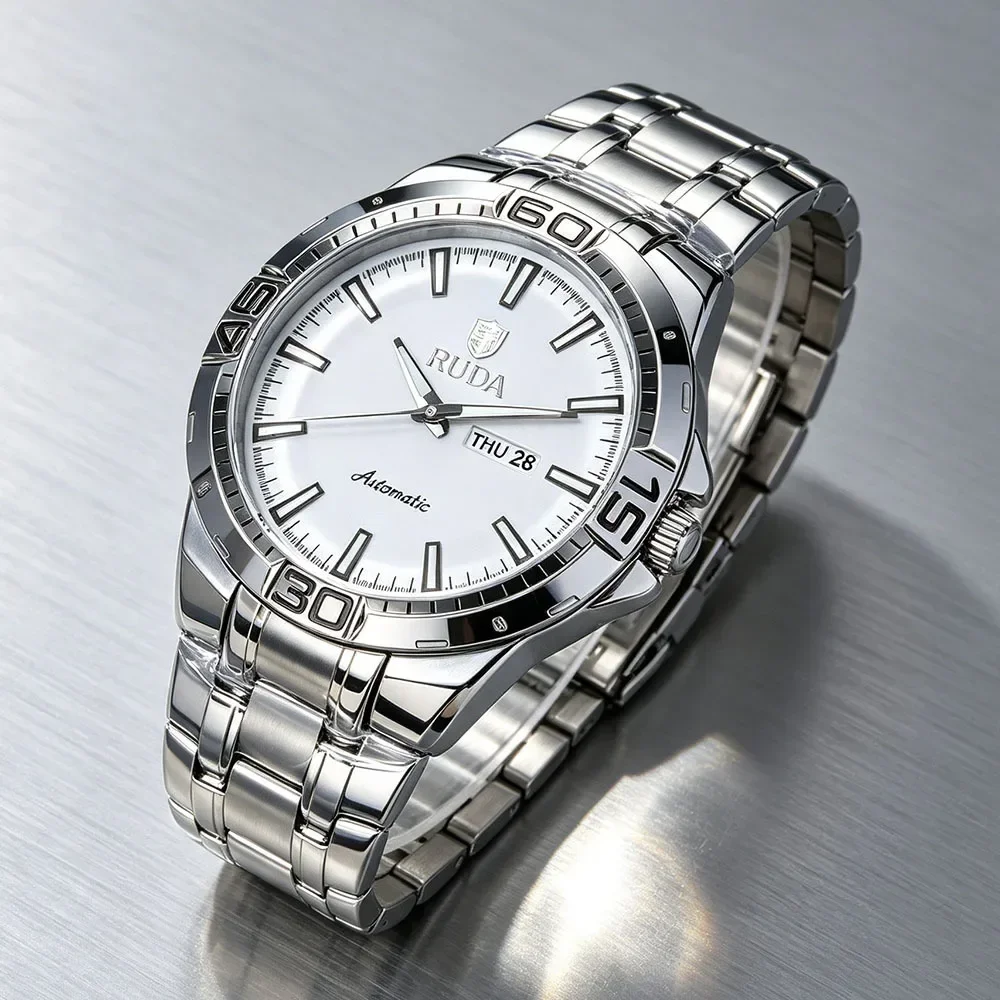 2027 RUDA Men's Watch Stainless Steel Swimming Waterproof Luminous Date Week Business Sweep Second Quartz Movement Wristwatch