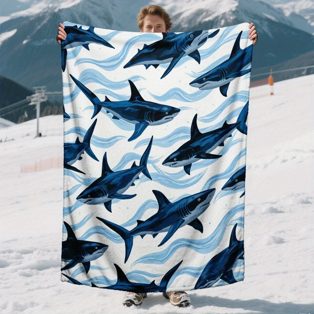 Shark Print Throw Blanket 150x200cm Large Ocean Coastal Nautical Decorative Beach Picnic Blanket for Home Decor