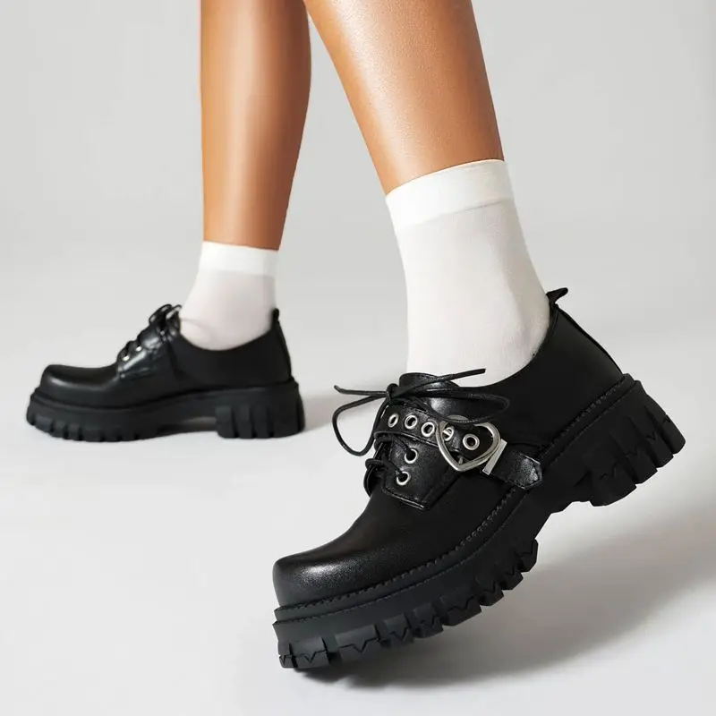 

ORCHALISA Female Pumps Round Toe Block Heels 5cm Platform Lace Up Buckle Brogues Big Size 40 41 42 43 Daily Shoes