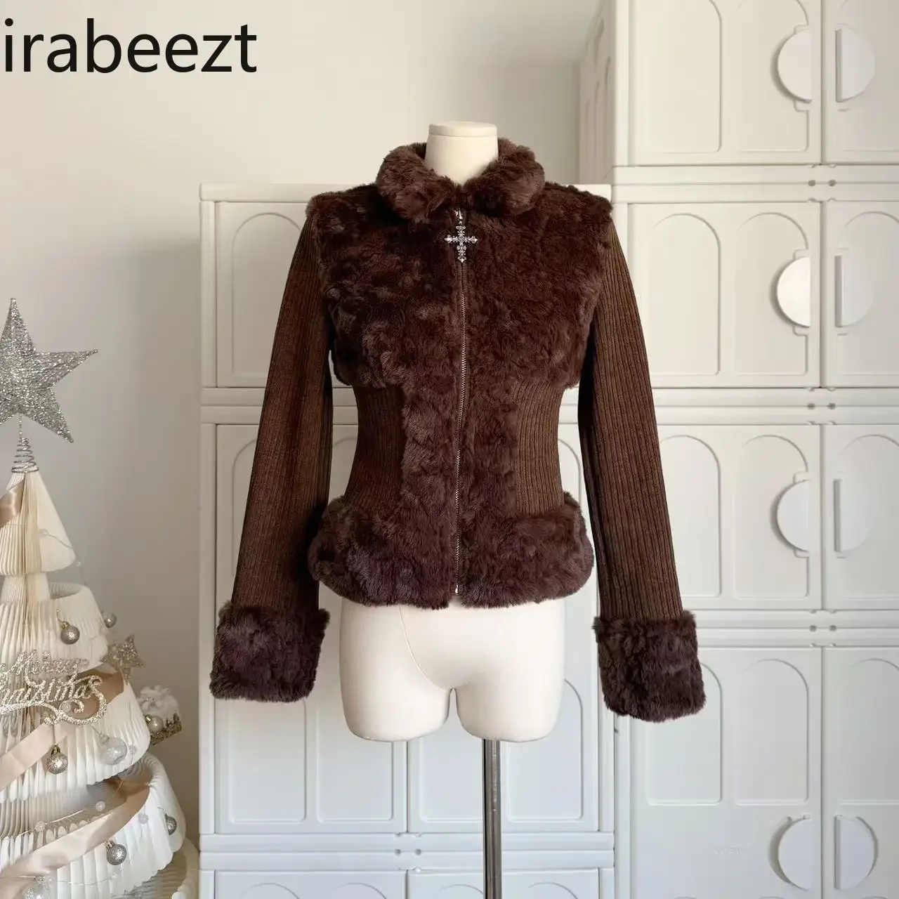 Brown Small Lapel Cross Zipper Vintage Jacket Patchwork Fur Top Chaleco Mujer Invierno 2024 Casaco Feminino Short Caot