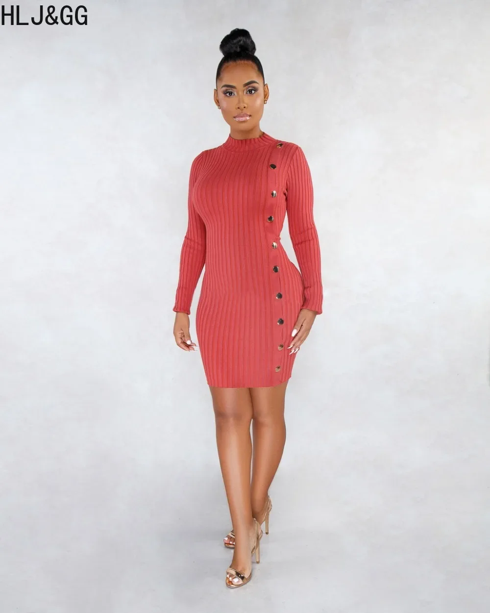 Hlj & gg elegante Dame Strick knopf Bodycon Mini kleider Frauen Rundhals ausschnitt Langarm schlanke Vestidos Herbst neue feste Kleidung