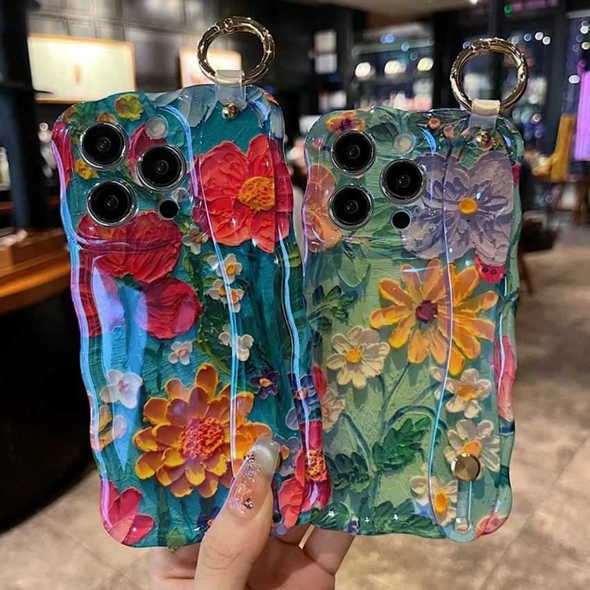 

Wave Border Phone Case For Iphone 16 15 14 13 Pro 12 11 Max Plus 16Pro Wrist Strap Bracket Phone Case 14Pro Flowers 15Pro Cover