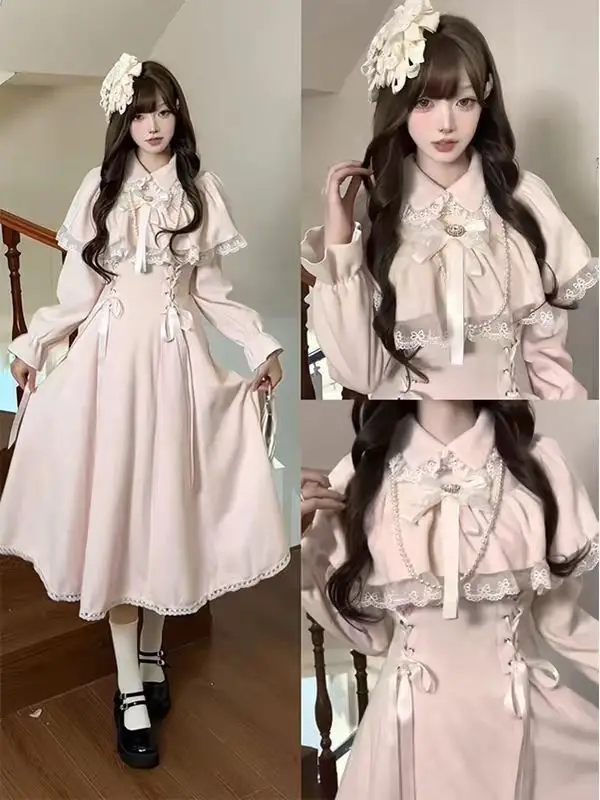 

Japan Sweet Pink Clear Lace Stitching Bow Fake Two-Piece Cloak Shawl Lolita Skirt Lolita