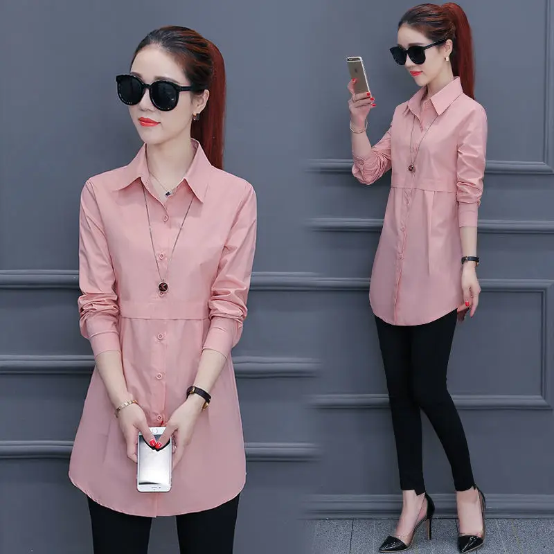 

Casual Style Long Sleeve Women's Shirt Pure Color Slim Fit Spring Autumn Casual Shirt Korean Fashion Medium Length