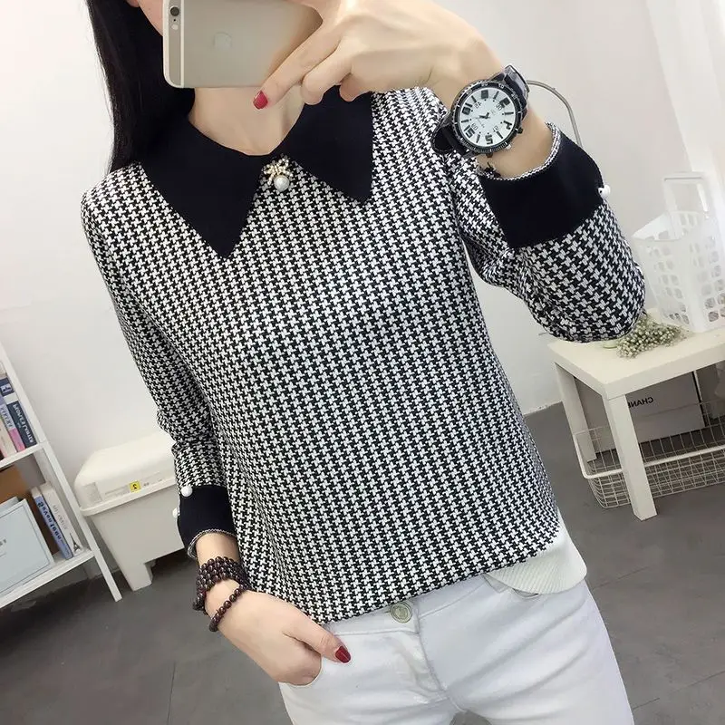 Female Clothing Fashion Houndstooth Knitted Sweaters Korean Turn-down Collar Autumn Winter Basic Casual Spliced Loose Jumpers