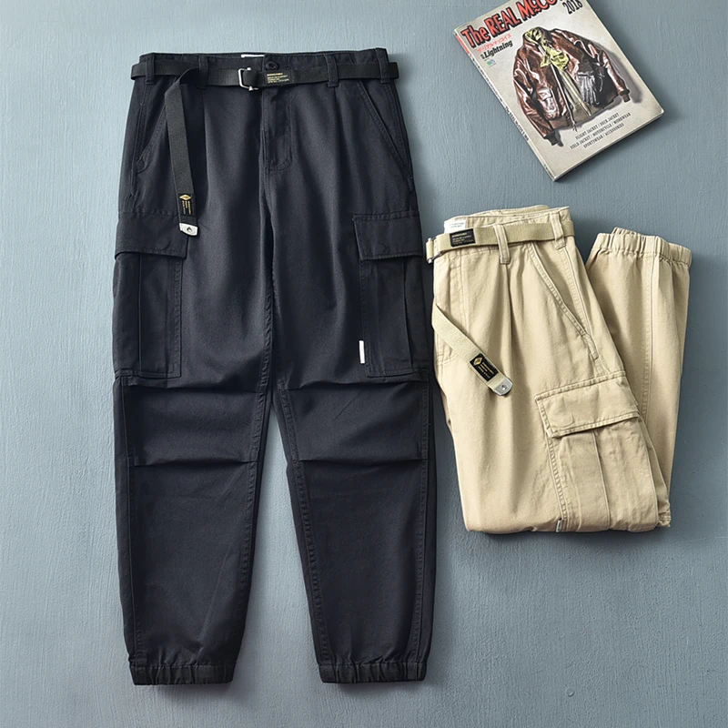 100% Cotton Tailored Panel Workwear Pants - Men's Straight-Leg Japanese Style Chino Pants Cargo Pocket Detail & Tapered Cuff