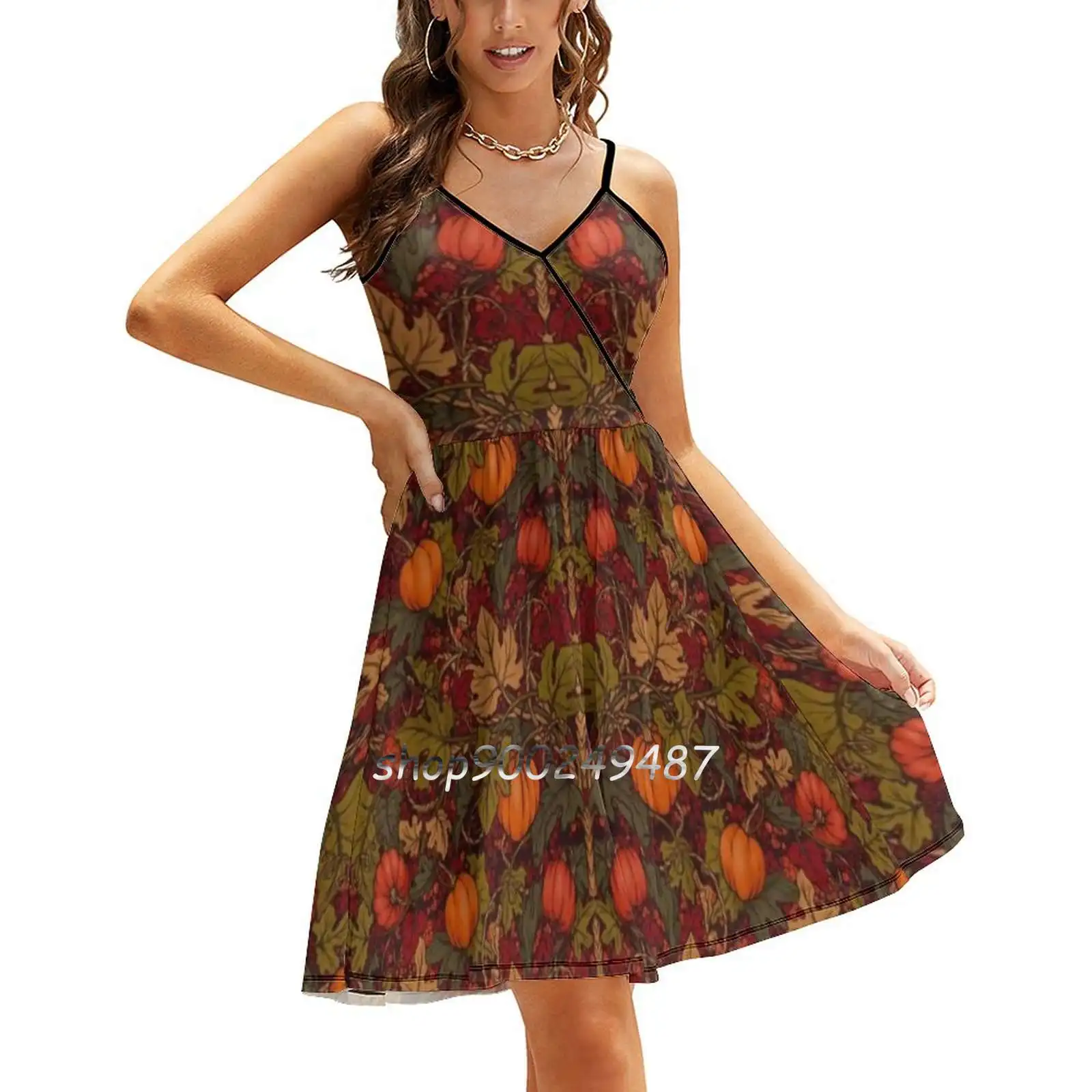 

Autumn Pumpkins Sling Dress Women Summer Printing Condole Belt Dresses Pumpkin Vegetable Pumpkins Autumn Mood Autumn Halloween