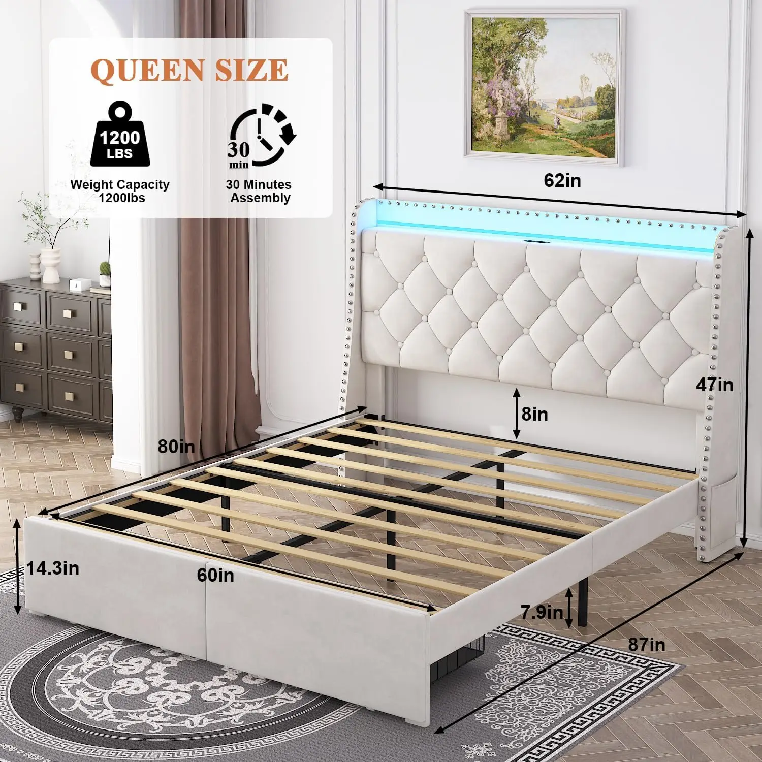 Large bed frame with LED lights and drawers, soft cushion, button cluster canvas headboard, easy to assemble, beige color