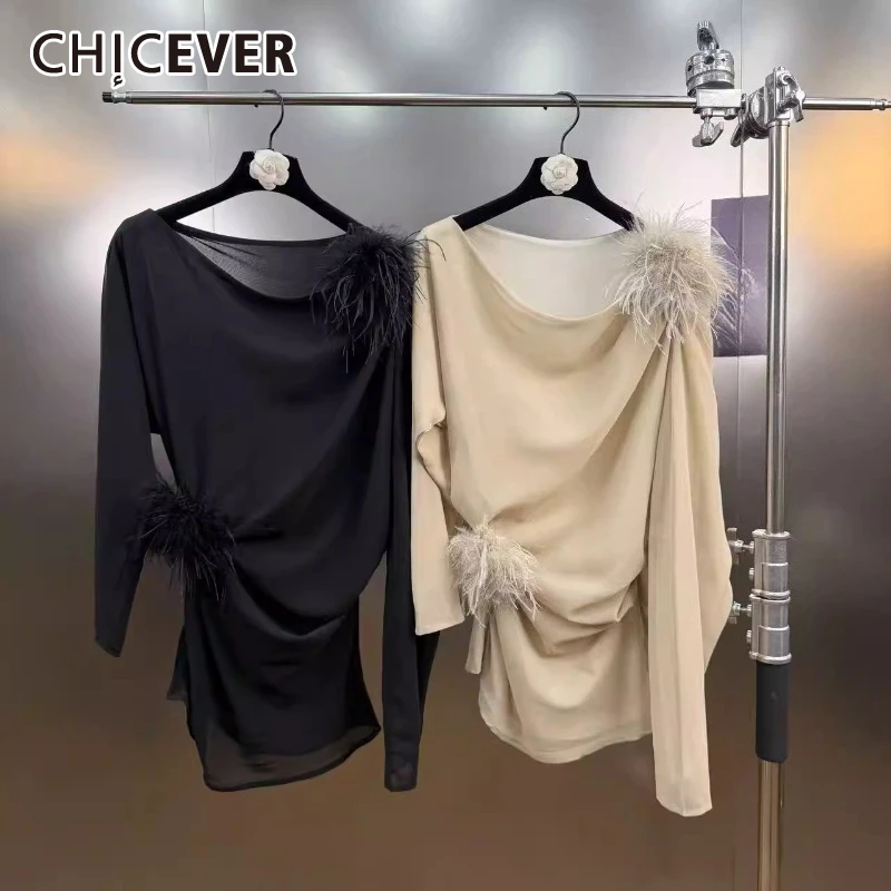 CHICEVER Solid Spliced Feather Female T Shirt O Neck Long Sleeves Loose Commute Temperament Women's T Shirts Autumn New Style