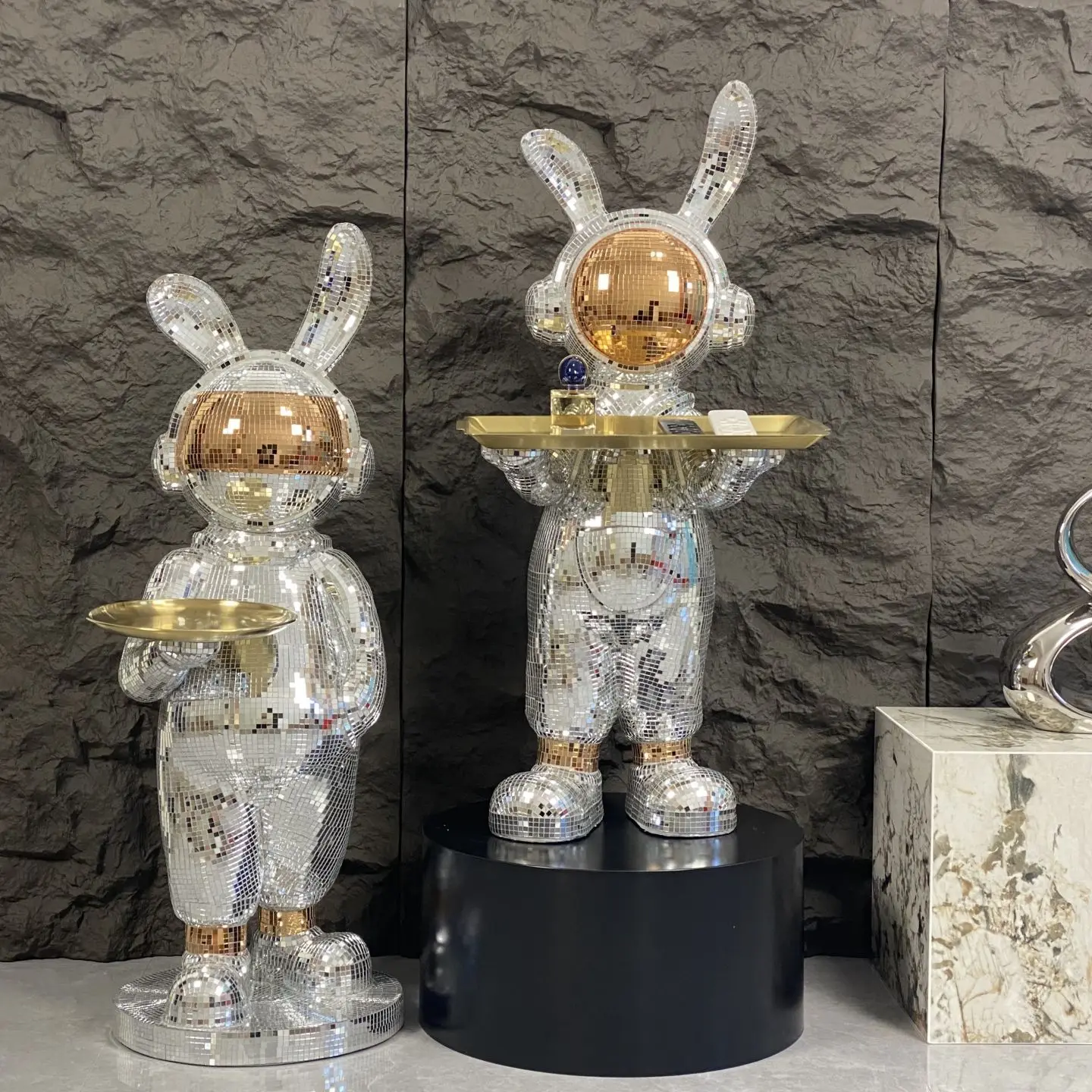 Large Floor Ornament of Space Rabbit Piggy Bank Beside Living Room TV Cabinet, Luxury Decorative Tray for Storage