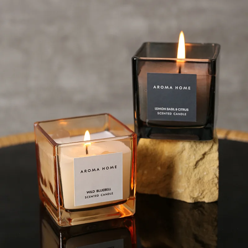 Ins Style Vintage Square Glass Jar Scented Candle Essential Oils Soy Wax Candle Aromatherapy Home Decoration Birthday Xmas Gift