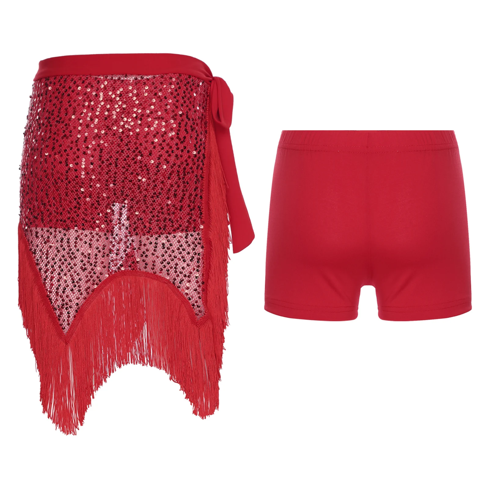 Sciarpa per danza del ventre da donna con pantaloncini di sicurezza Paillettes Nappa Trim Allacciatura laterale Gonna anca irregolare Pantaloncini Costume da ballo 2 pezzi