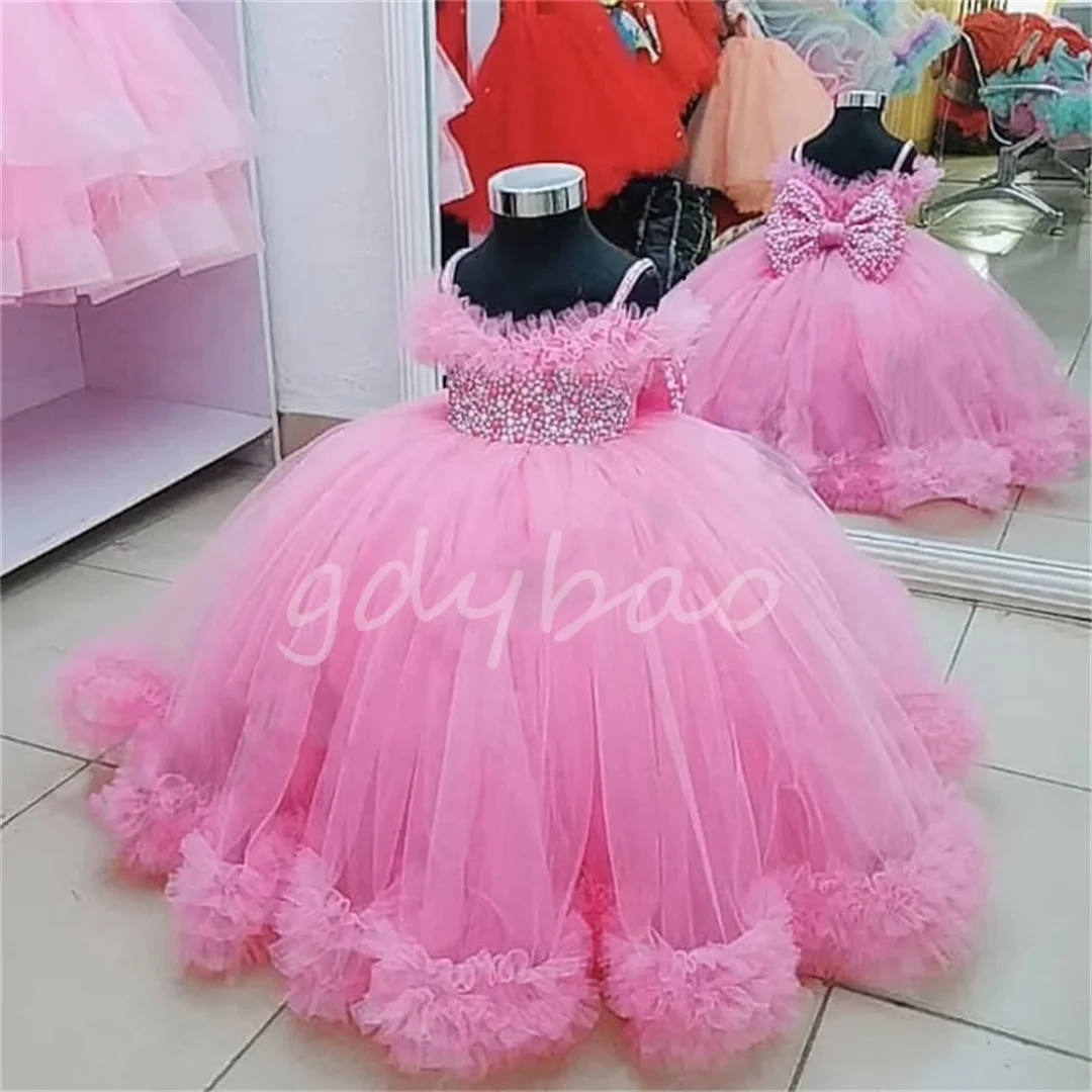 Toddler Flower Girl Dresses Tulle Pearls Bow Child Wedding Party Birthday Long Robe First Communion Gown for Baby Girls