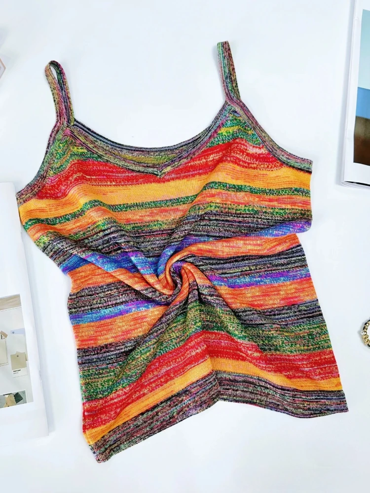 Rainbow Striped Sweater Cami High Quality Knit Vest Dopamine Tank Top Sleeveless Holiday 2024 Summer New in Woman Clothing