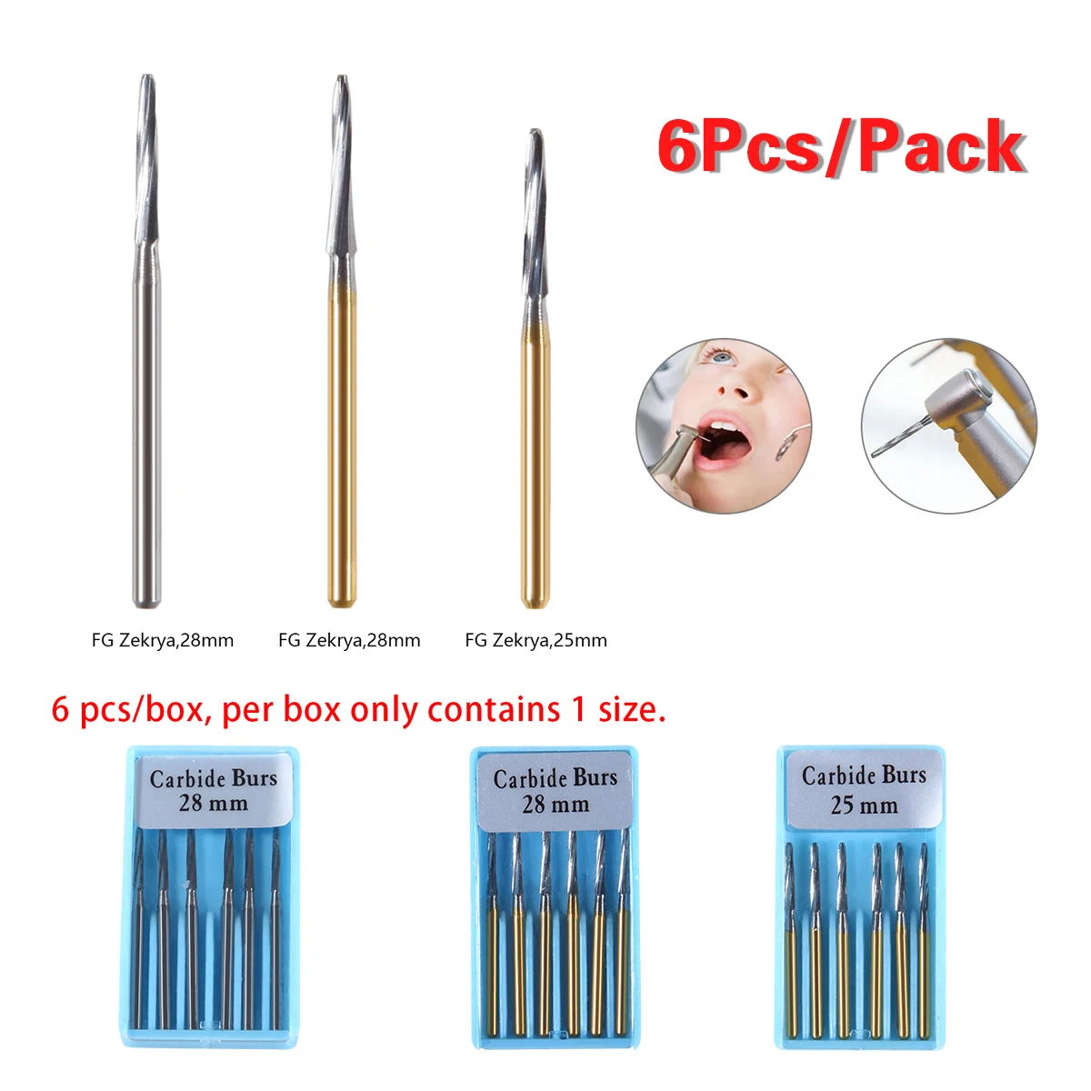 6pcs/Box Dental Zekrya FG Tungsten Carbide Burs 25MM/28MM Gold Sliver Color For High Speed Handpiece FG 1.6mm Free Shipping