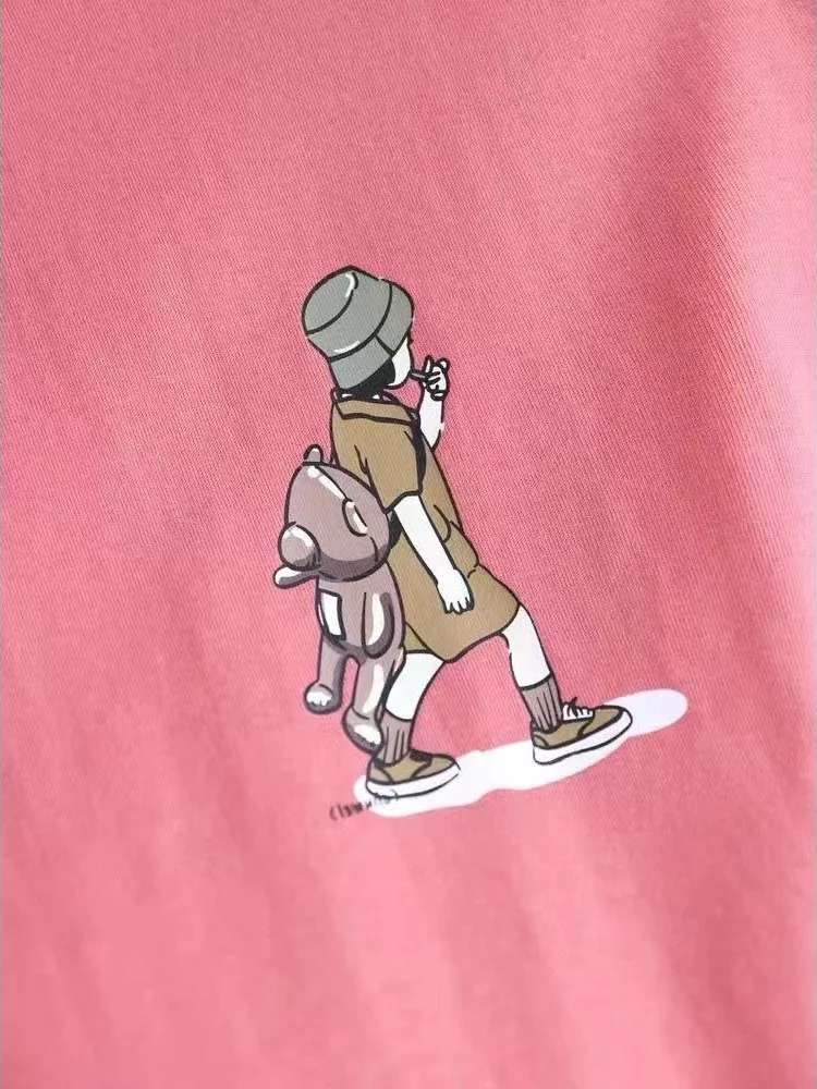 

Loose Fit round Ne Printed T-irt Women's Summer Casual Cartoon Commute Sle Breathable Cotton Top Label Removed