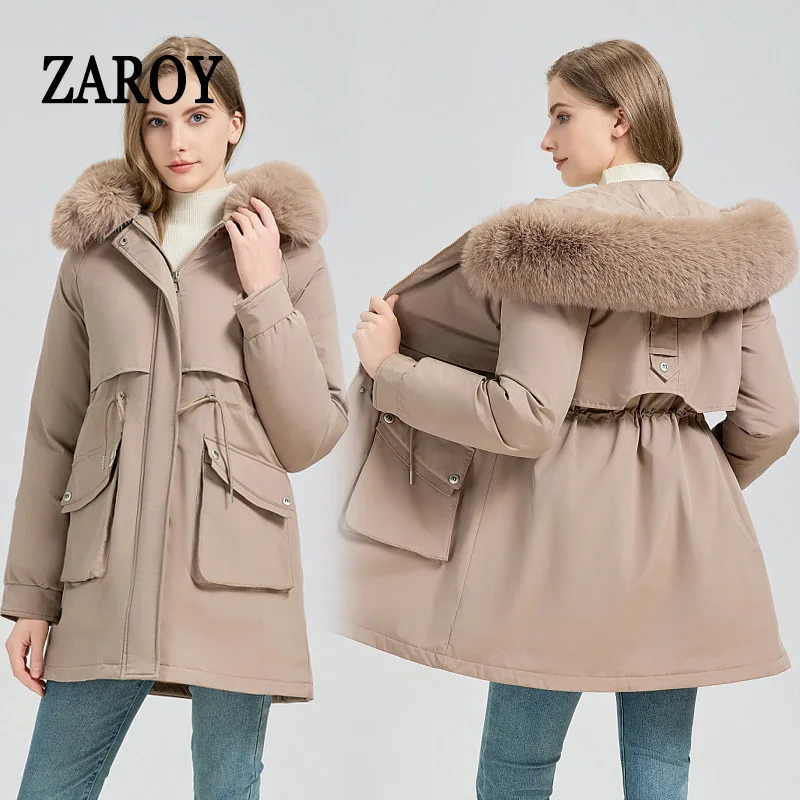 ZAROY 퍼 후드 드로스트링 재킷 겨울용 따뜻한 파카 지퍼 포켓 여성 코트 면 패딩 오버코트 캐주얼 재킷