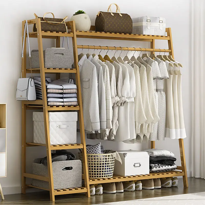 Simple room floor-standing home clothes rack, upright wardrobe, bedroom solid wood coat rack, storage clothes rack
