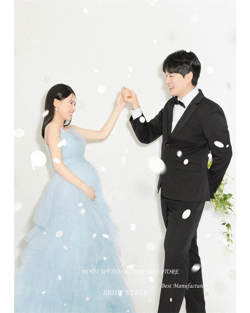 MODX-vestidos de novia elegantes de tul azul claro, sesión de fotos de Corea para embarazadas, tirantes finos, vestidos de novia escalonados, vestido de fiesta de noche