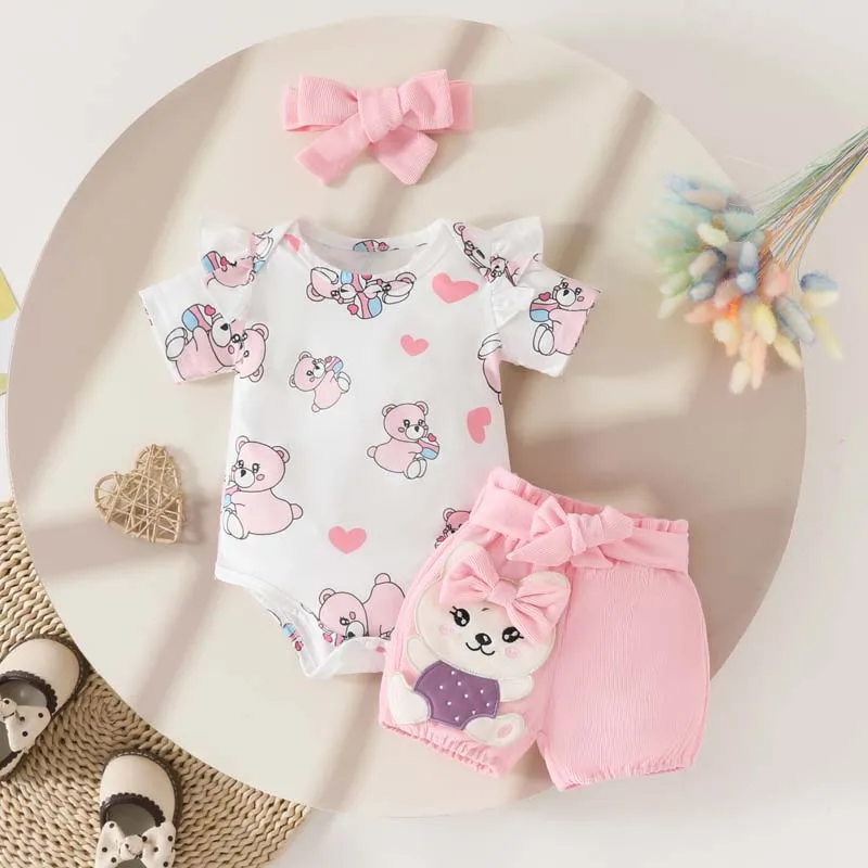 

Baby Clothes 3-piece Set Girl Outfits 0-18 Months Summer Pink Sweet Cute Bear Love Pattern Short Sleeve Bodysuit Shorts Hairband