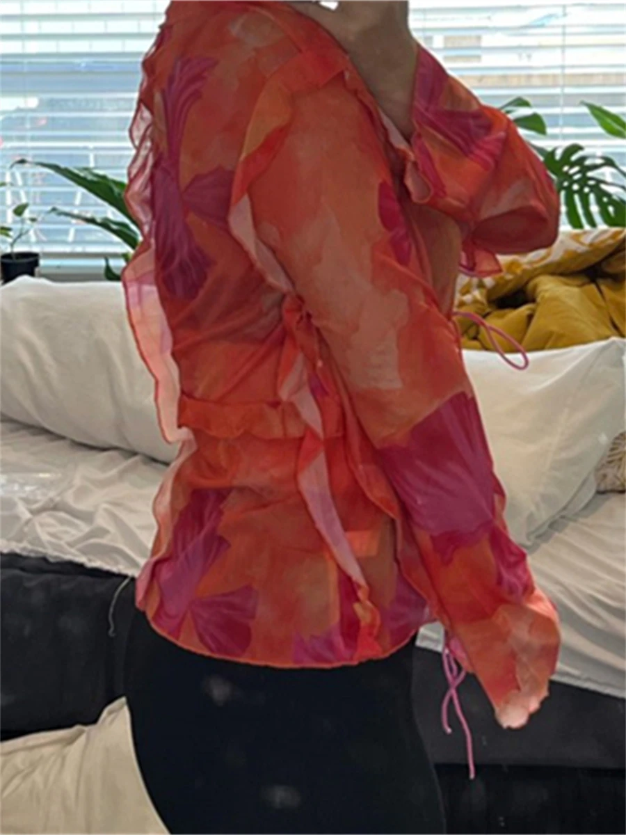 wsevypo Tie-Dye Print Ruffle Trim Tie-Up Cardigans Women Long Sleeve Shirts Spring Summer V-Neck Swimsuit Cover-Up Tops