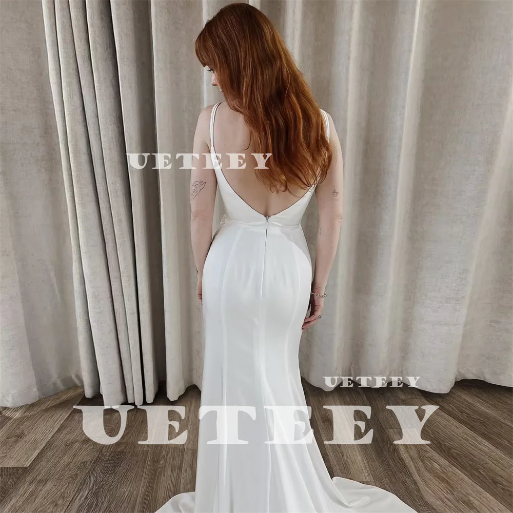 UETEEY Customized Simple Sleeveless Pleats V Neck Crepe Mermaid Wedding Dress High Slit Open Back Floor Court Train Bridal Gown