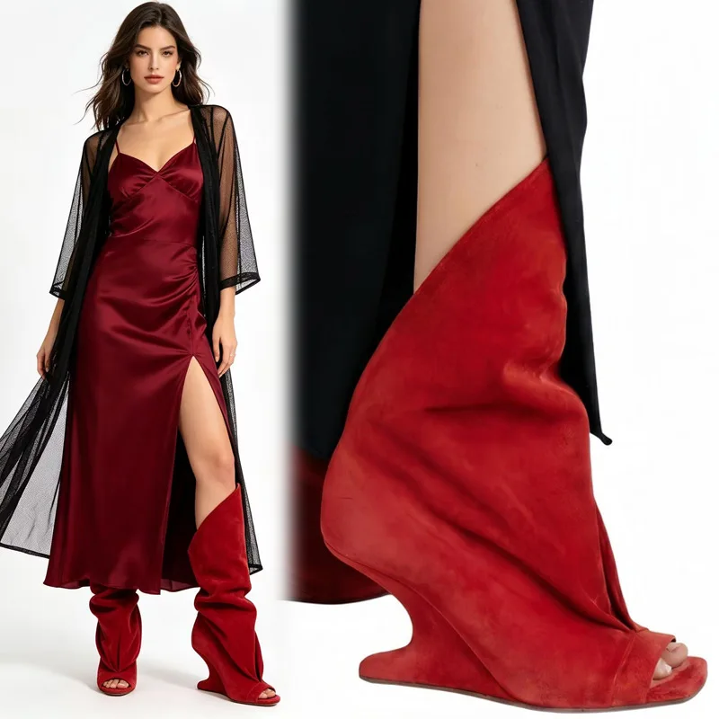 

Hot New Peep-Toe Pleated Unique Heel Women’s Boots Slip-On Sandals For Summer Plus Size Perfect For Fashion Shows Street Style
