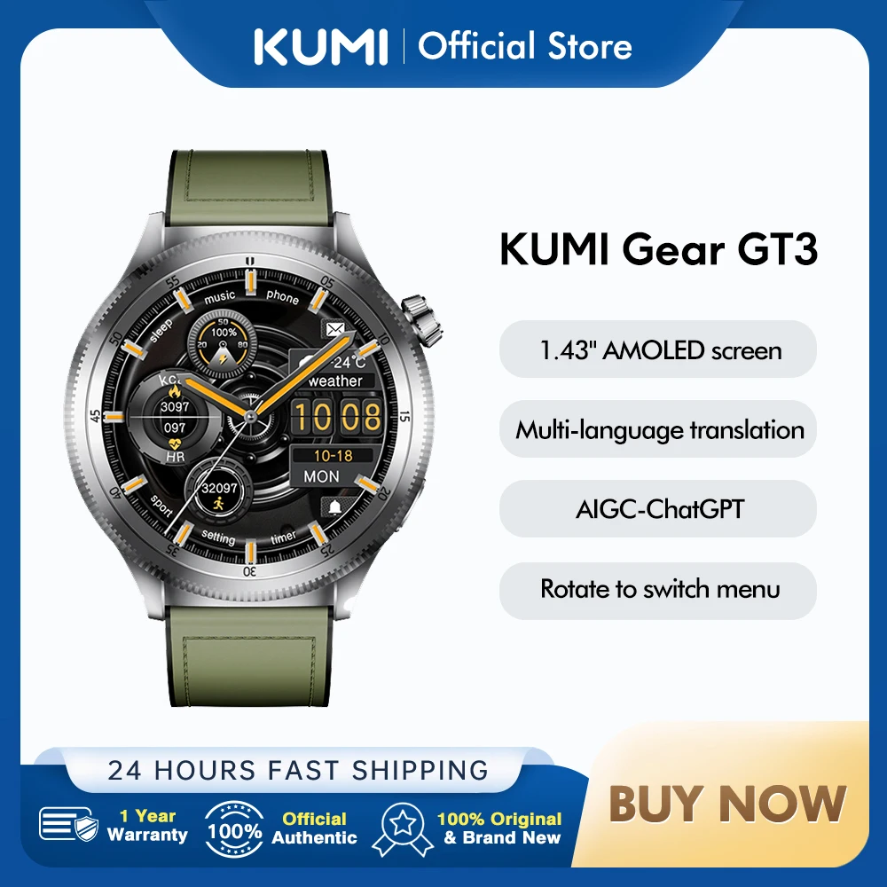 

KUMI Gear GT3 1.43" AMOLED screen Smart Watch Men Bluetooth Call Multi-language translation AIGC-ChatGPT Rotate to switch menu