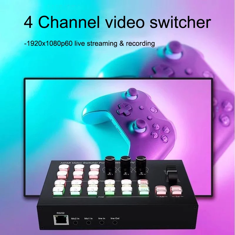UVC 4 Channel HDMI Video Switcher Multi Camera Live Broadcast Station Support Live Streaming / Video Capture Record Mic Line In