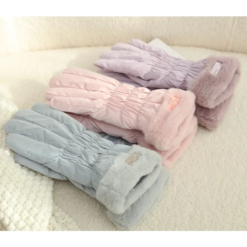 Winter Thermal Fleece Touch Screen Warm Gloves for Women Windproof Cold Proof Cycling Electric Vehicle Driving Korean Style