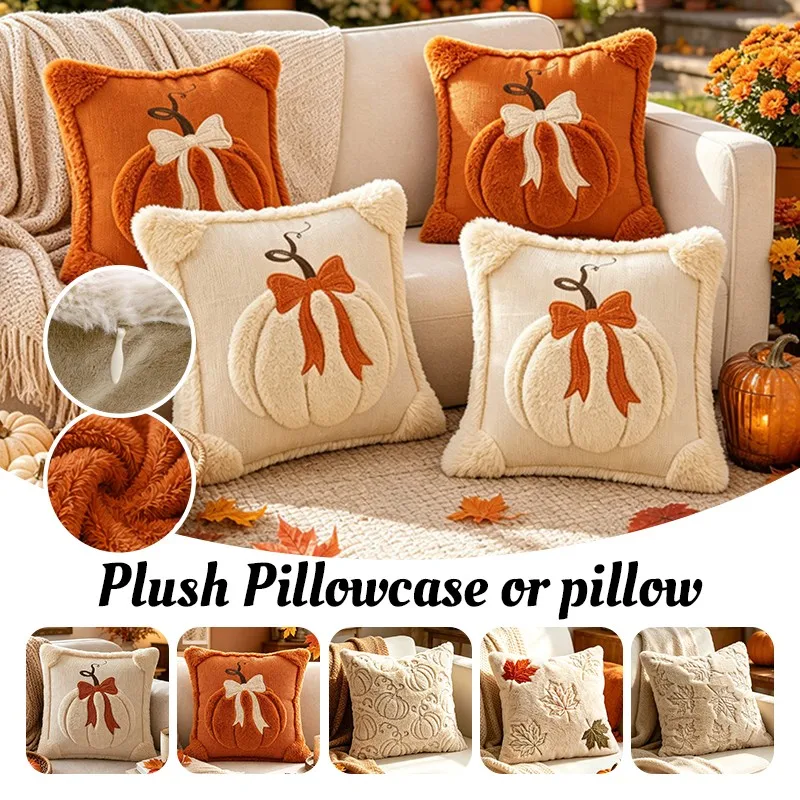 45x45cm Fall Thanksgiving Throw Pillow Cover Plush Pumpkin Embroidered Soft Pillowcases Bow Maple Leaf Cushion Cases Home Decor