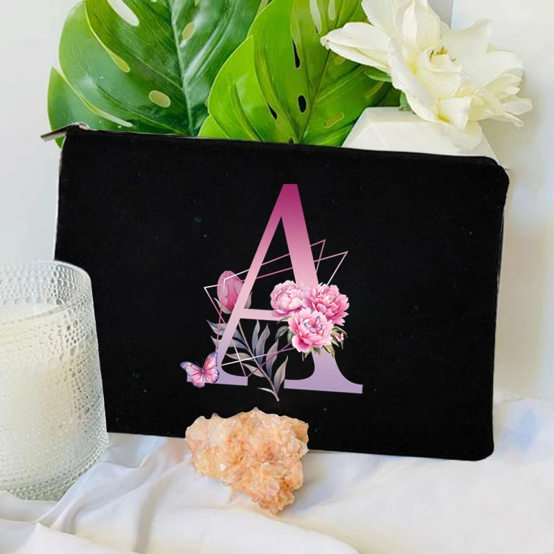 Women Bag Makeup Bag Bridesmaid Makeup Bags Pink Floral Alphabet Print Zipper Pouch Travel Organizer Case Mujer Bolsas Cosmetic