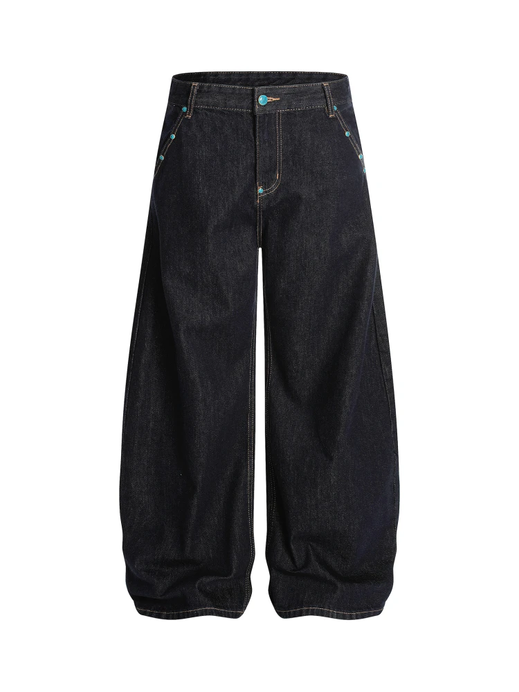 

Retro American High Street Denim Jeans Decorative Button Blade Knife Loose Straight Leg Wide Leg Pants Casual Breathable
