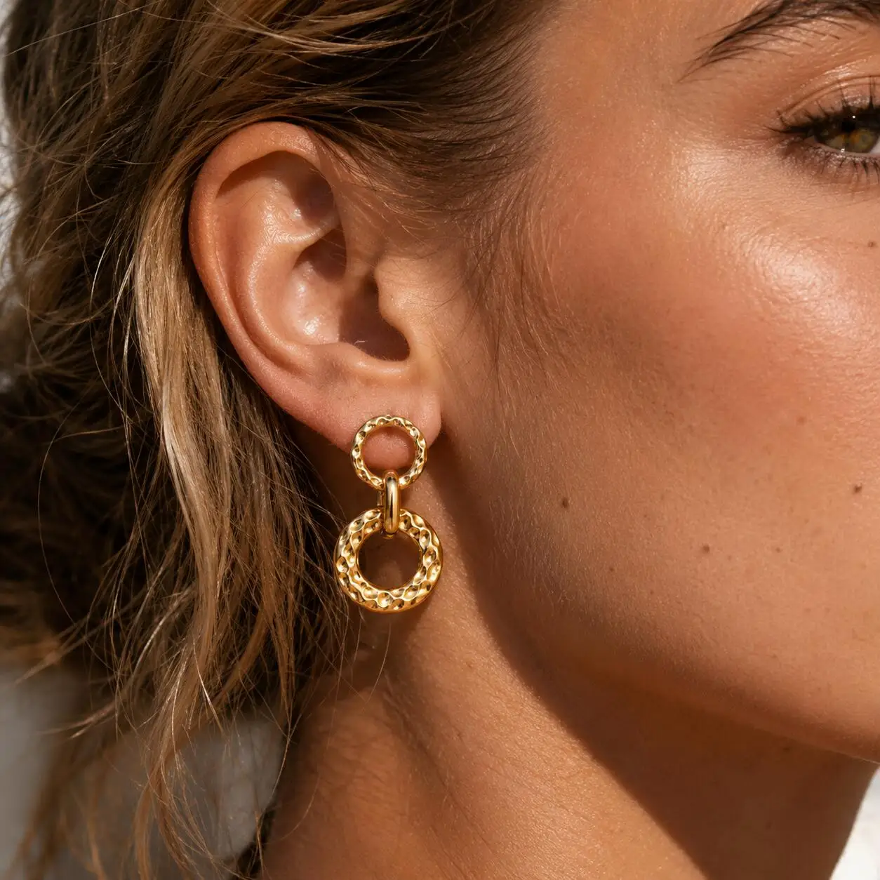 Hammered Double Circle Dangle Earrings for Women, 18K Gold Plated Stainless Steel, Chunky Textured Geometric Fashion Accessory