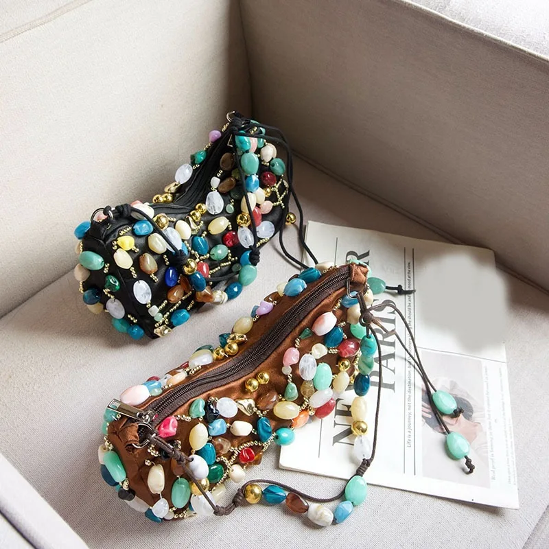 Bohemian Style Multicolor Stone Bead Decor Underarm Bag Retro Ethnic Women Fashion Shoulder Hand Crossbody Small Purse