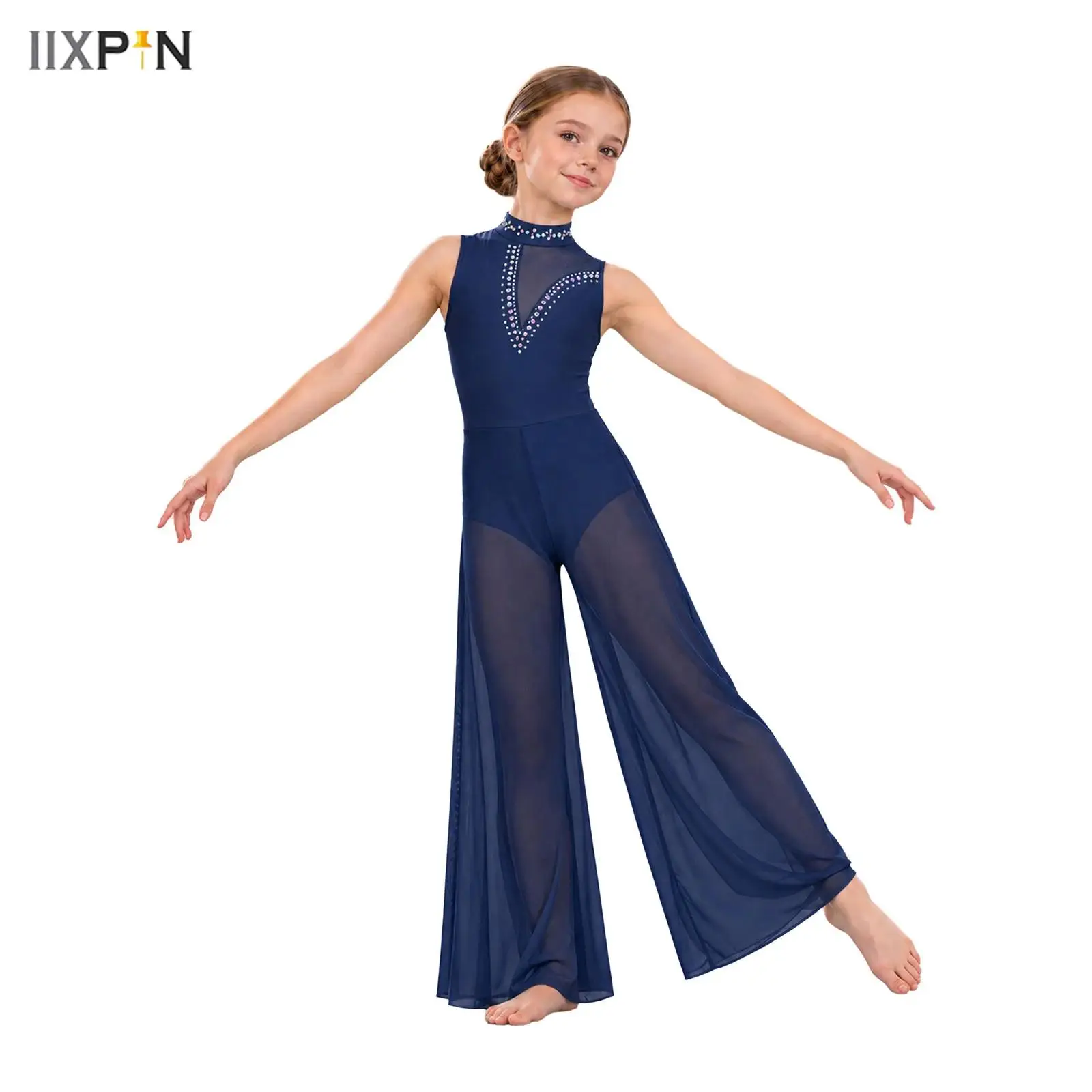 Kids Girls Modern Lyrical Dance Jumpsuit Sleeveless Mock Neck Shiny Rhinestone Patchwork Sheer Mesh Bodysuit for Performance