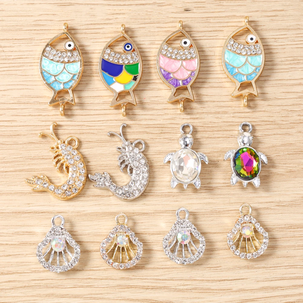 10 Stück niedliche, gemischte Kristall-Metall-Schildkröten- und Fischschalen-Anhänger für die Schmuckherstellung, Ohrhänger, Halsketten, DIY-Bastelarbeiten und Accessoires – Detail 1