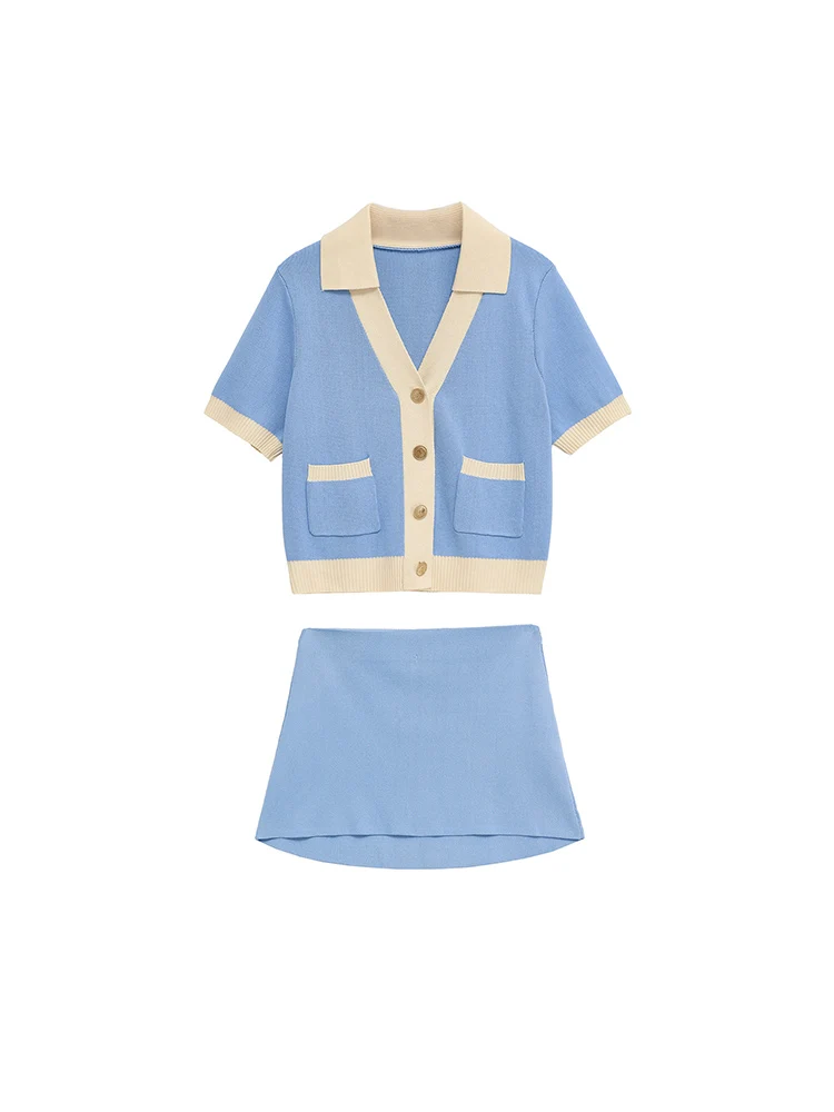 

European and American style summer new fashion trend women's simple lapel short-sleeved knitted jacket mini skirt